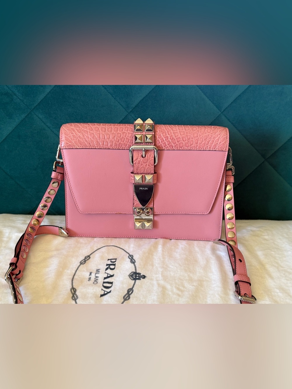 Prada Elektra 1BD120 Pink Studded Flap Shoulder Bag - Picture 2 of 16